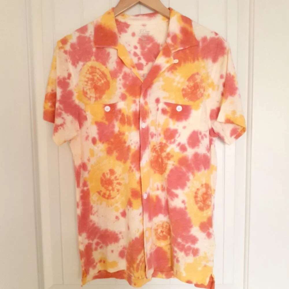 J. Crew Short-Sleeve Camp-Collar Harbor Shirt in Tie-Dye Yellow Pink Size S
